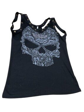 Metal Grommets Skull Print Black Tank Top Sz Medium With Gothic Design Medium